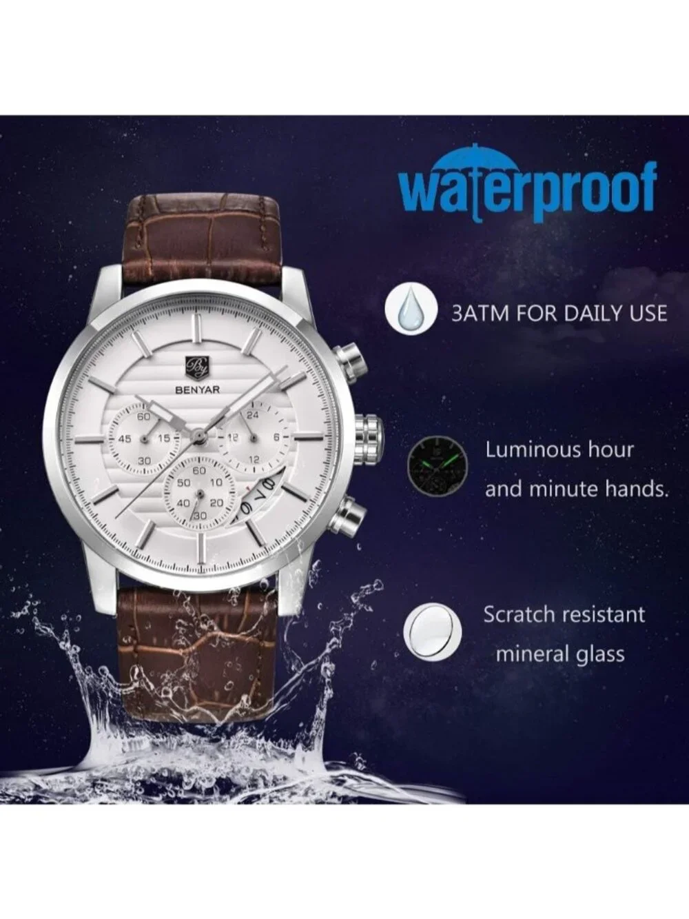 Mens Silver White Analog Quartz Leather Strap Chronograph Waterproof Wrist Watch
